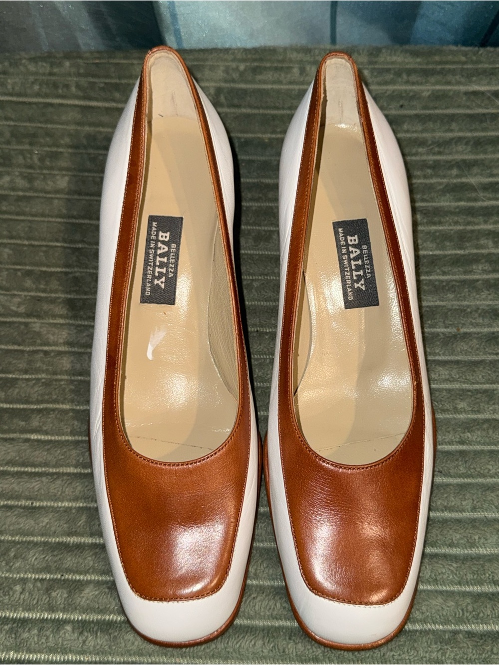 Bally White and Brown Leather Block Heel Pumps - Picture 2 of 3